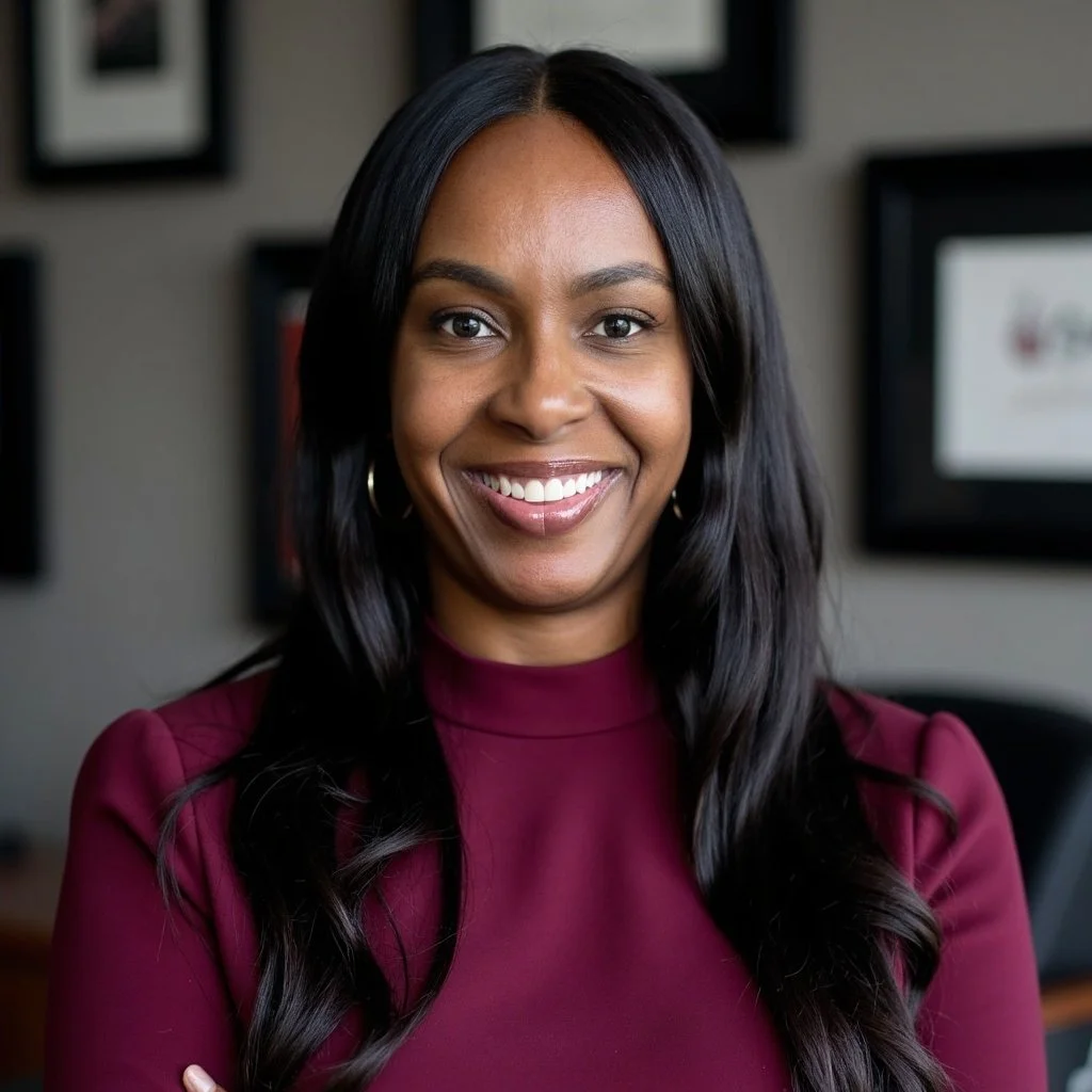 Portrait of a smiling Black woman with long black hair, wearing a burgundy top, standing indoors in front of a blurred background of framed pictures.