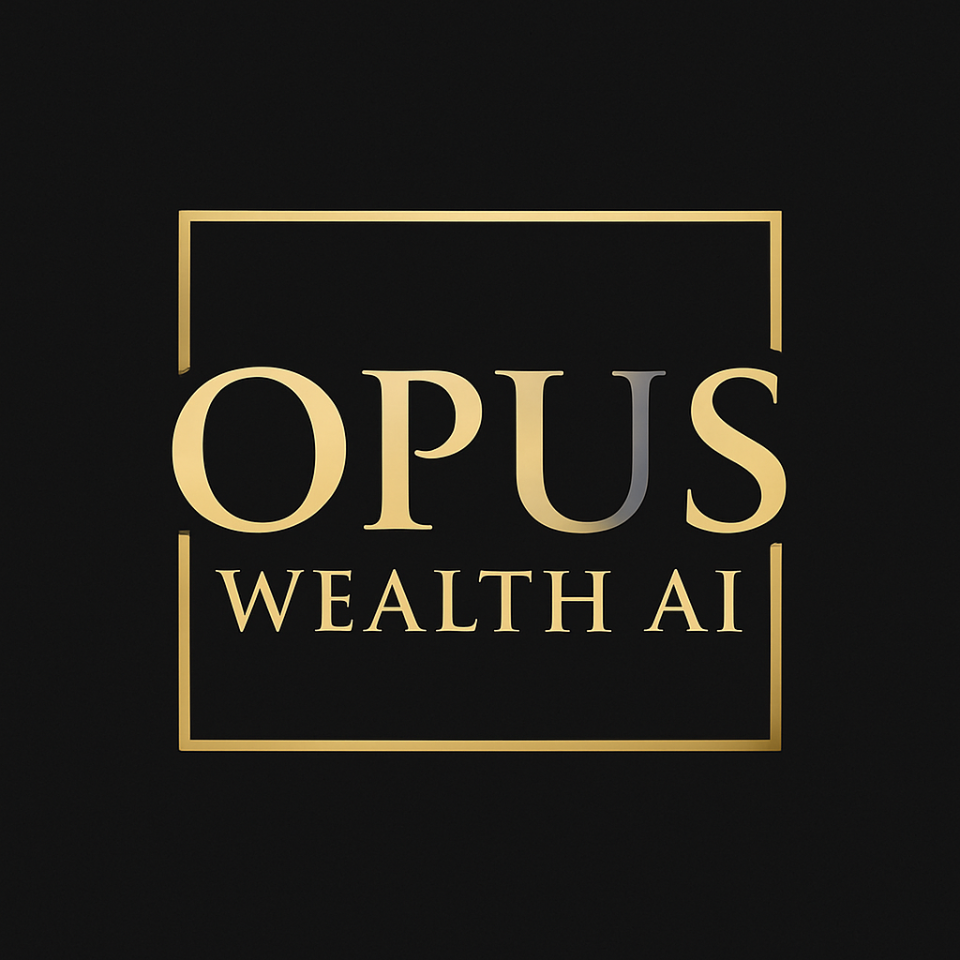 Logo for Opus Wealth AI with gold and silver text on a black background