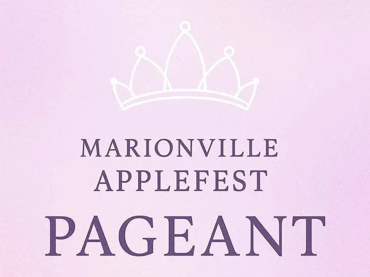 Marionville Applefest pageant poster with a purple crown outline at the top and purple text on a light pink background.