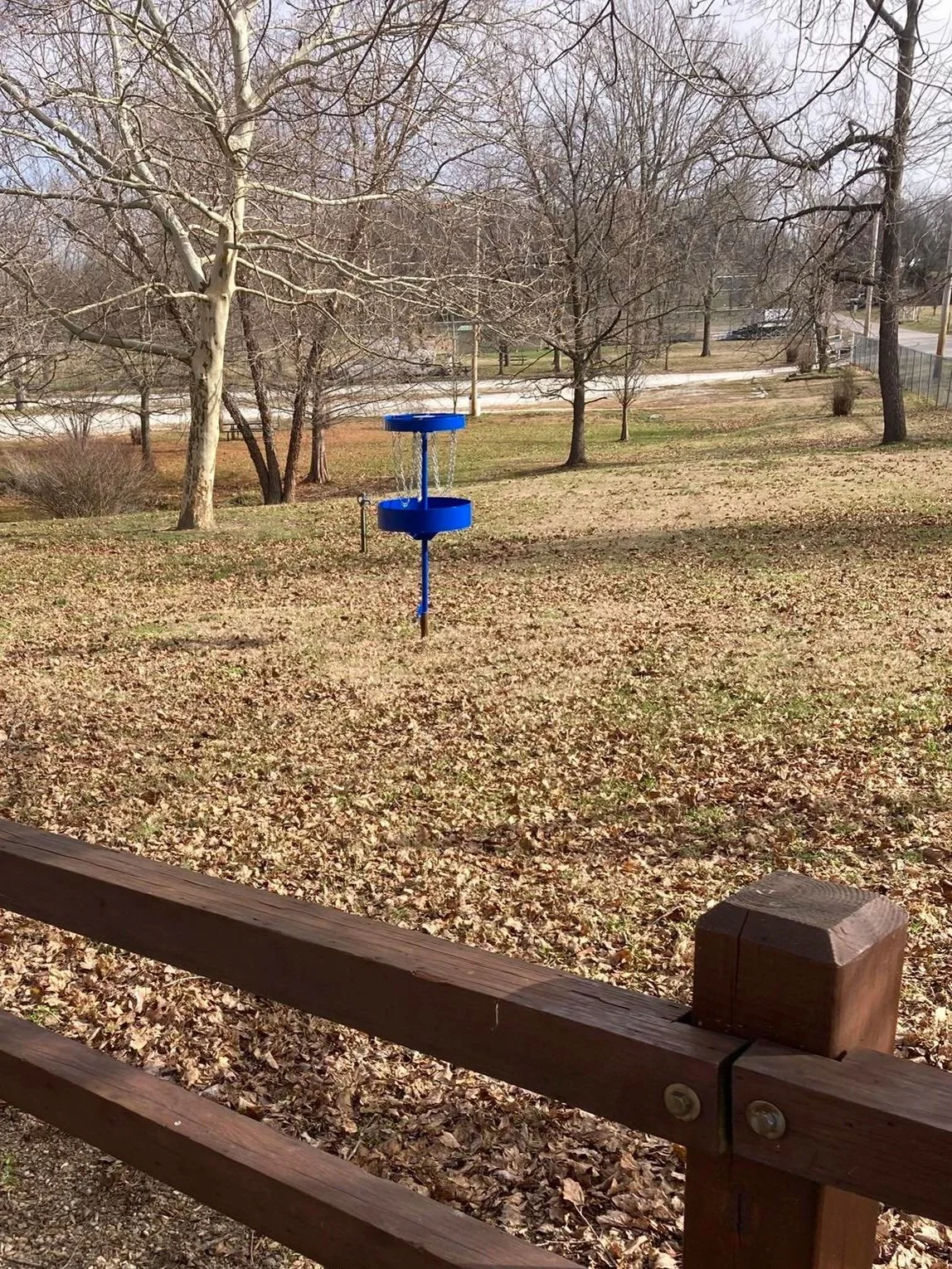 A small blue disc golf basket on a grassy, leaf-covered field with leafless trees in the background, and a wooden fence in the foreground.