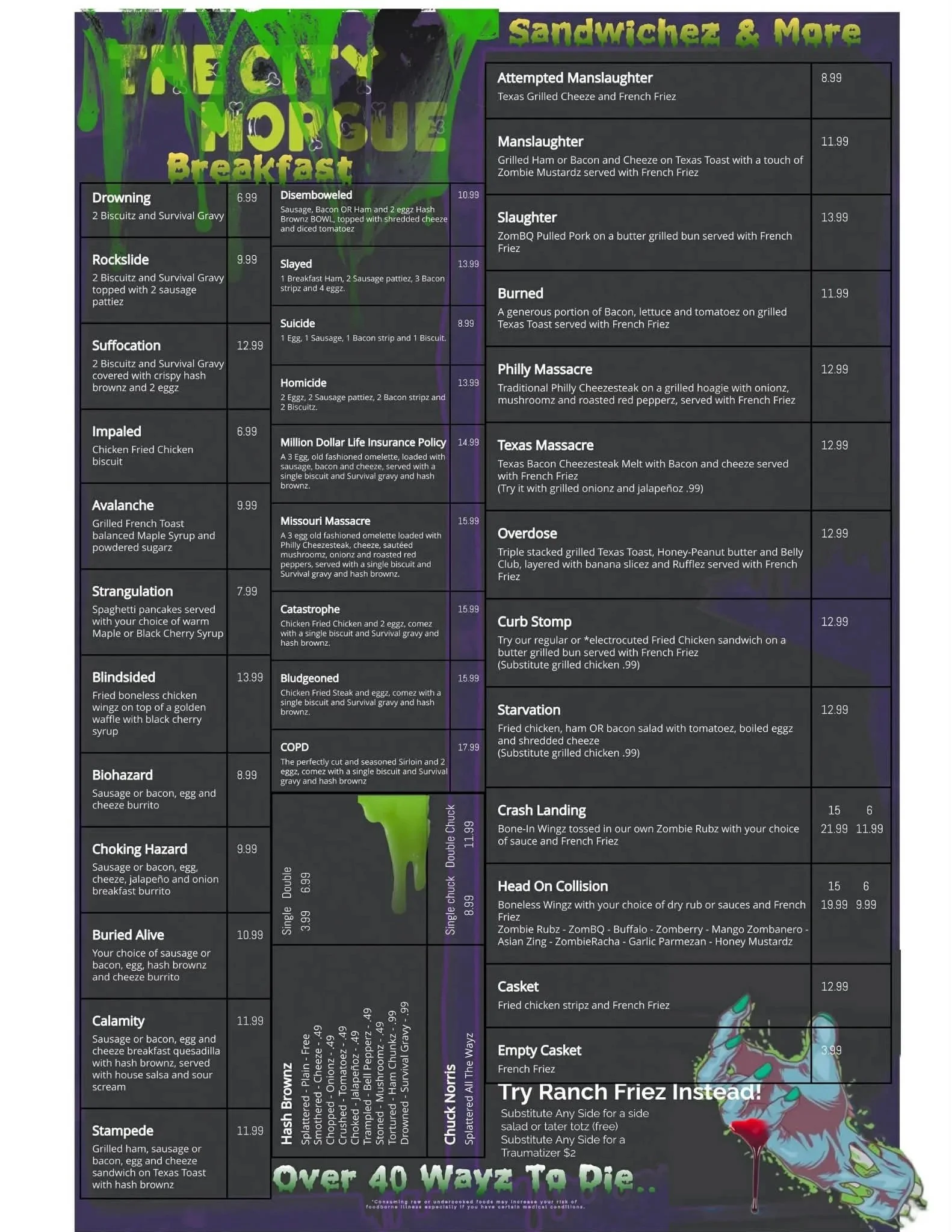 A menu for a horror-themed breakfast restaurant called 'Feast for the Morgue,' featuring a list of creative, horror-inspired breakfast dishes and prices, with a colorful animated zombie dog illustration at the bottom right.