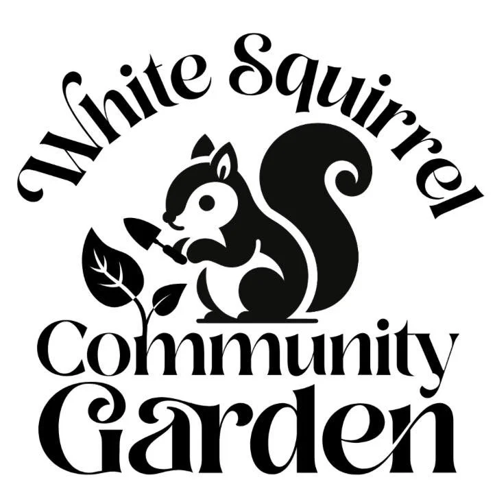 Logo for White Squirrel Community Garden featuring a black squirrel holding a trowel, with a small plant, surrounded by stylized text.