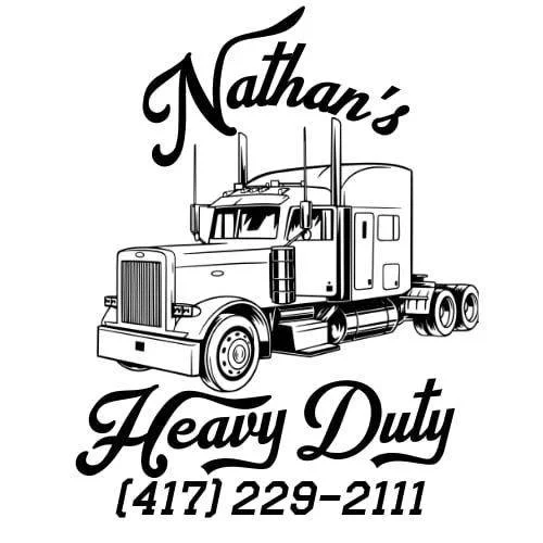 Black and white illustration of a semi-truck with the text "Nathan's Heavy Duty" and a phone number.