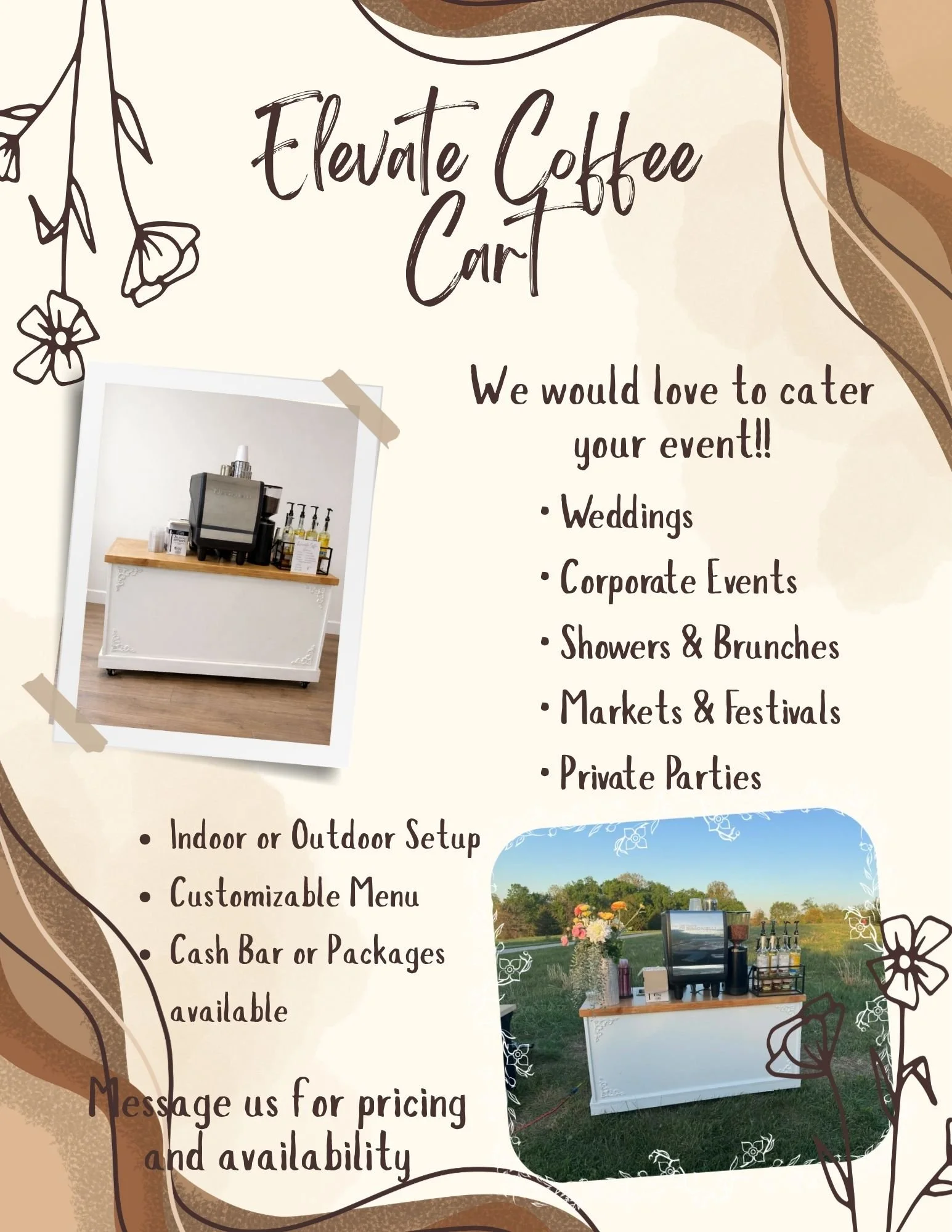 A promotional flyer for a mobile coffee cart service called 'Elevate Coffee Cart,' listing various event catering options, with photos of the cart setup and decorative floral illustrations.