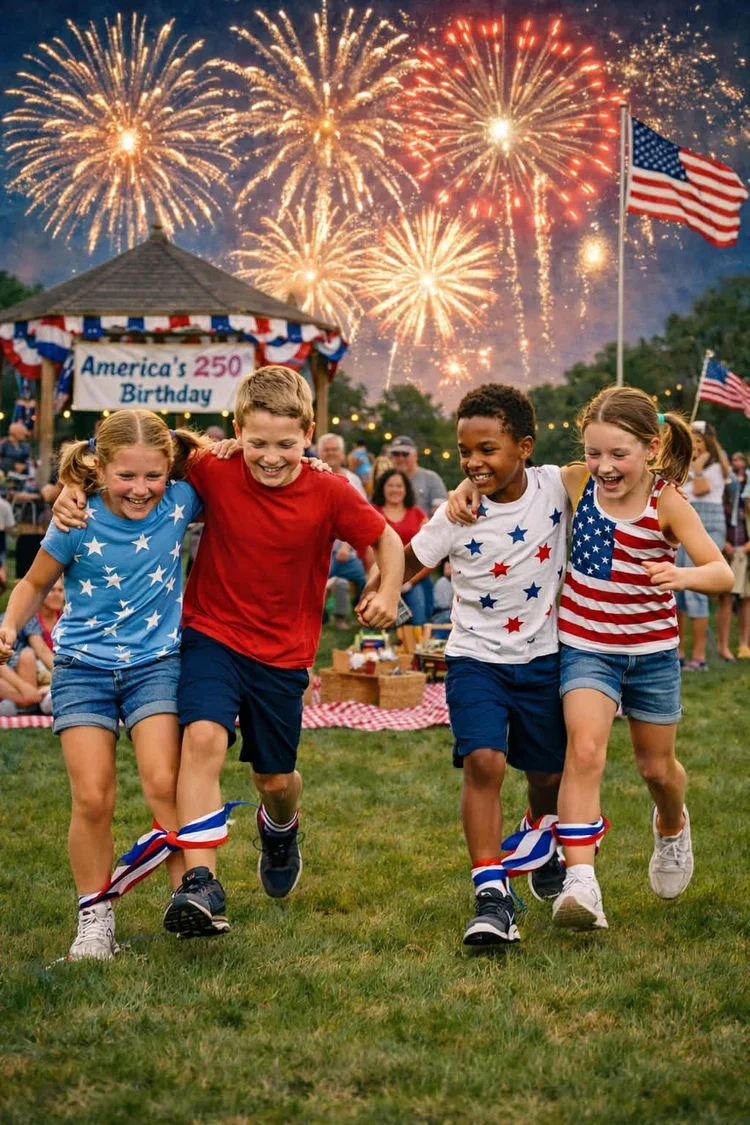 Children celebrating Independence Day with fireworks and American flags, enjoying a picnic in a park during a fireworks display.