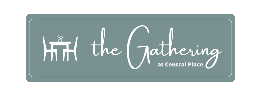 Logo for 'the Gathering at Central Place,' featuring a graphic of a table with two chairs and a small plant, with stylized handwritten and serif fonts on a teal background.