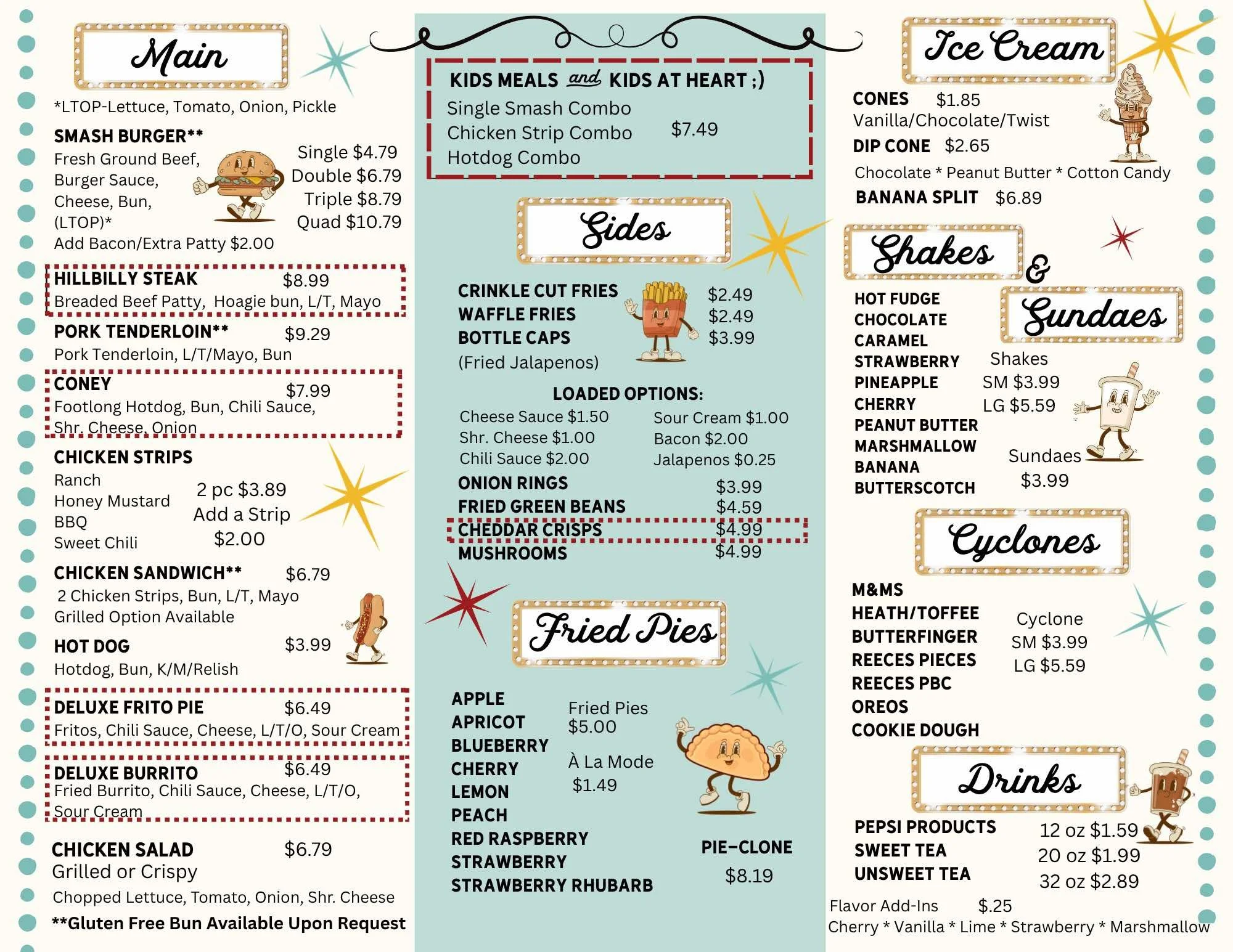 B's and G's Dairy Crest menu featuring main dishes, kids meals, ice cream, fried pies, shakes, sundaes, Cyclones, and drinks. Items include burgers, hot dogs, chicken strips, fried pies, various shakes and sundaes, and beverages.