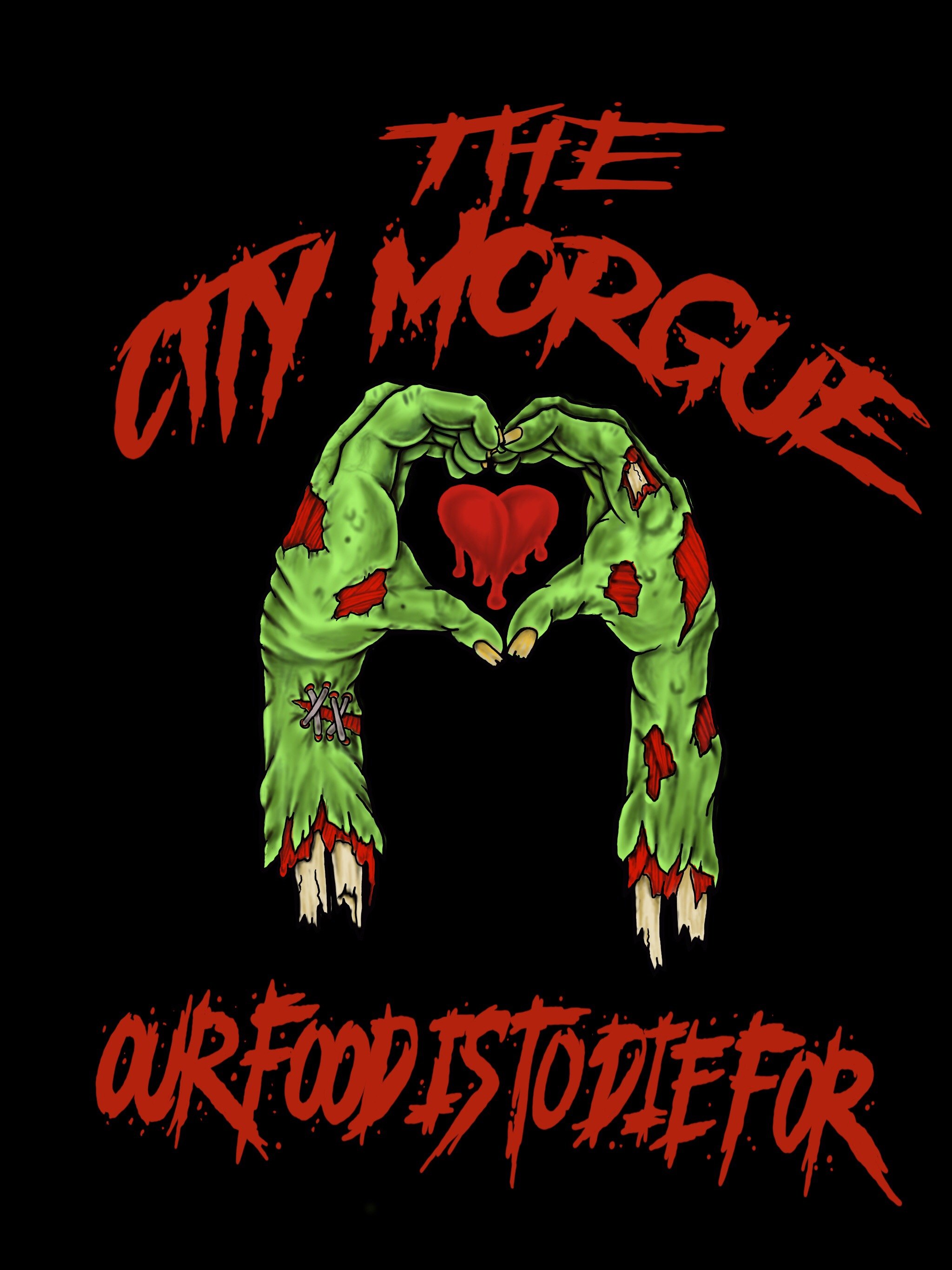 A graphic featuring a zombie hand forming a heart shape with a bleeding heart inside. The hand has torn green skin with red wounds and wooden nails. Above, red text reads 'THE CITY MORGUE' in a jagged style, and below, red text reads 'OUR FOOD IS TO DIE FOR' in a similar font.