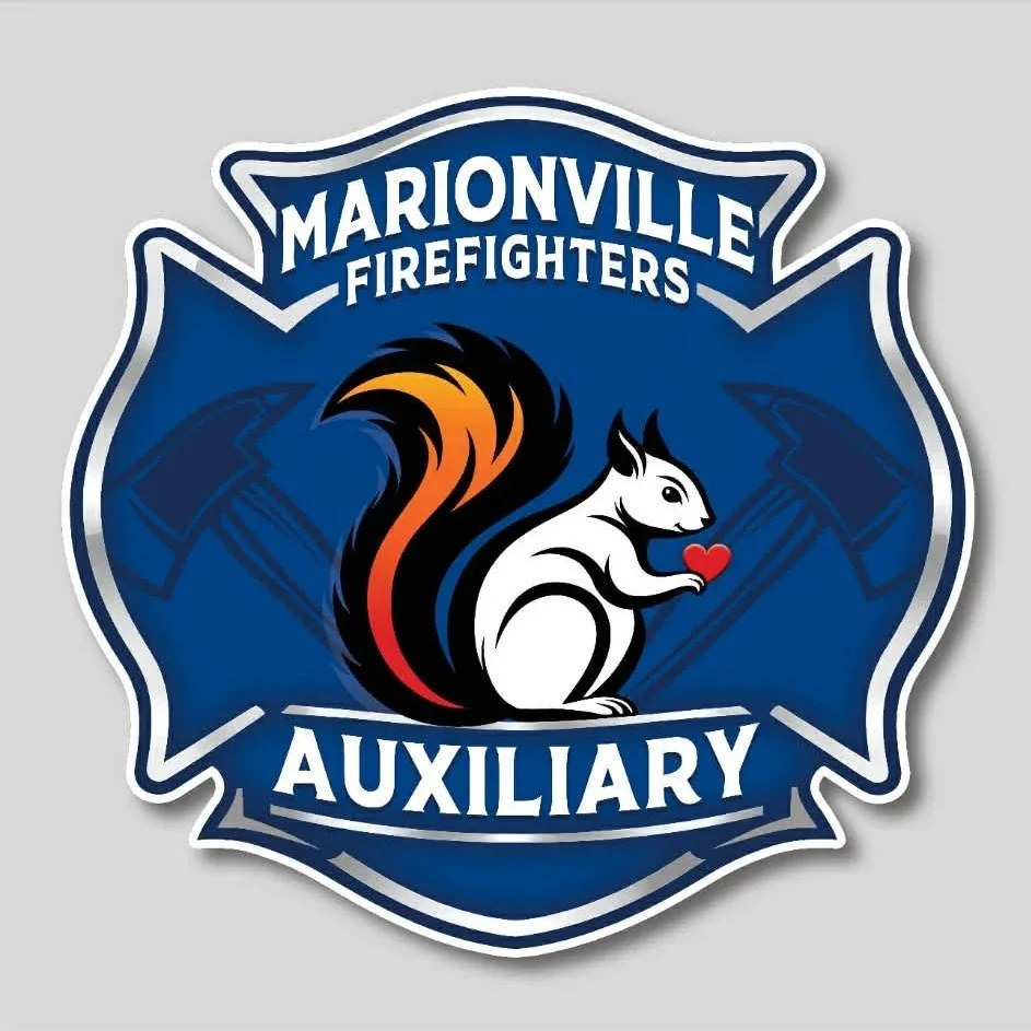 Marionville Firefighters Auxiliary badge featuring a squirrel holding a red heart, with firefighting axes in the background.