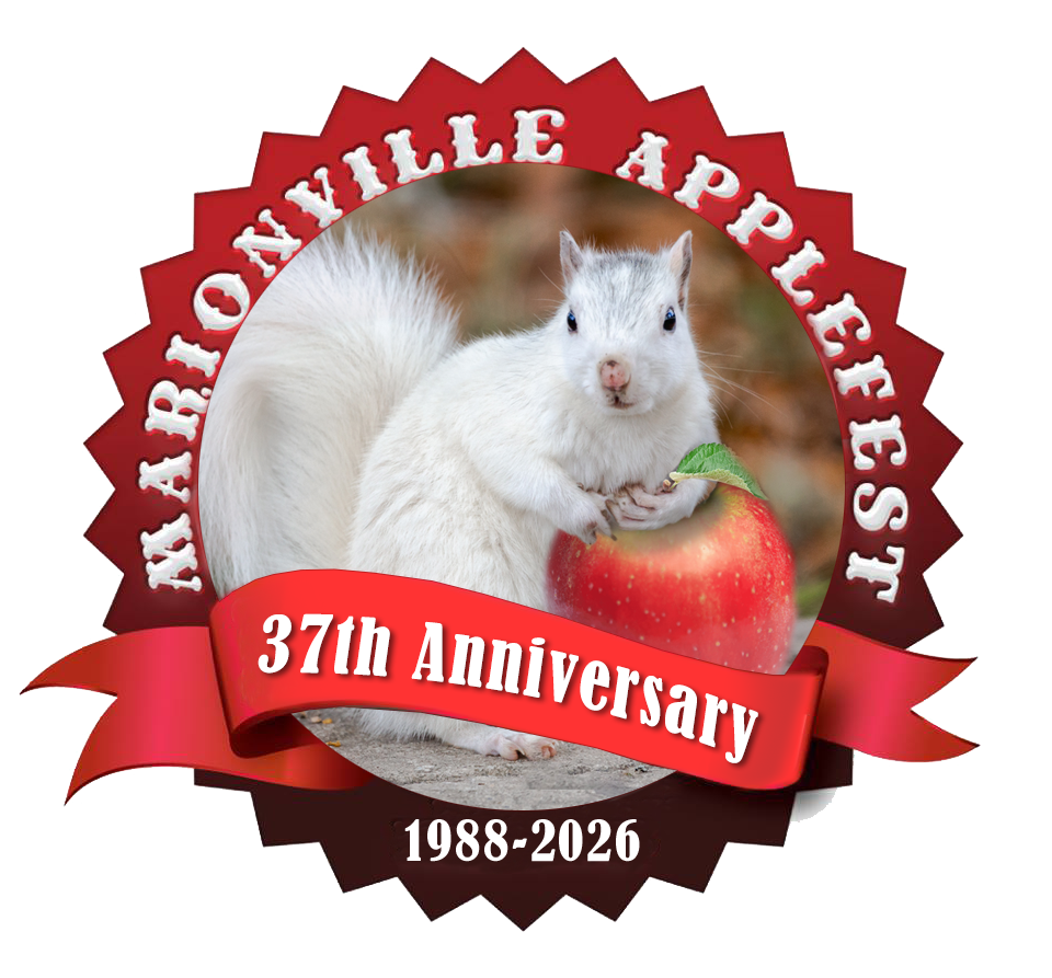 A graphic celebrating the 37th anniversary of Nashville Appliques, featuring a white squirrel holding a green leaf and sitting on a red apple, with red and black badges displaying event details and years 1988 to 2026.