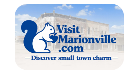 Marionville.com logo featuring a cartoon squirrel holding a nut, with a historic building in the background, and the tagline 'Discover small town charm'.