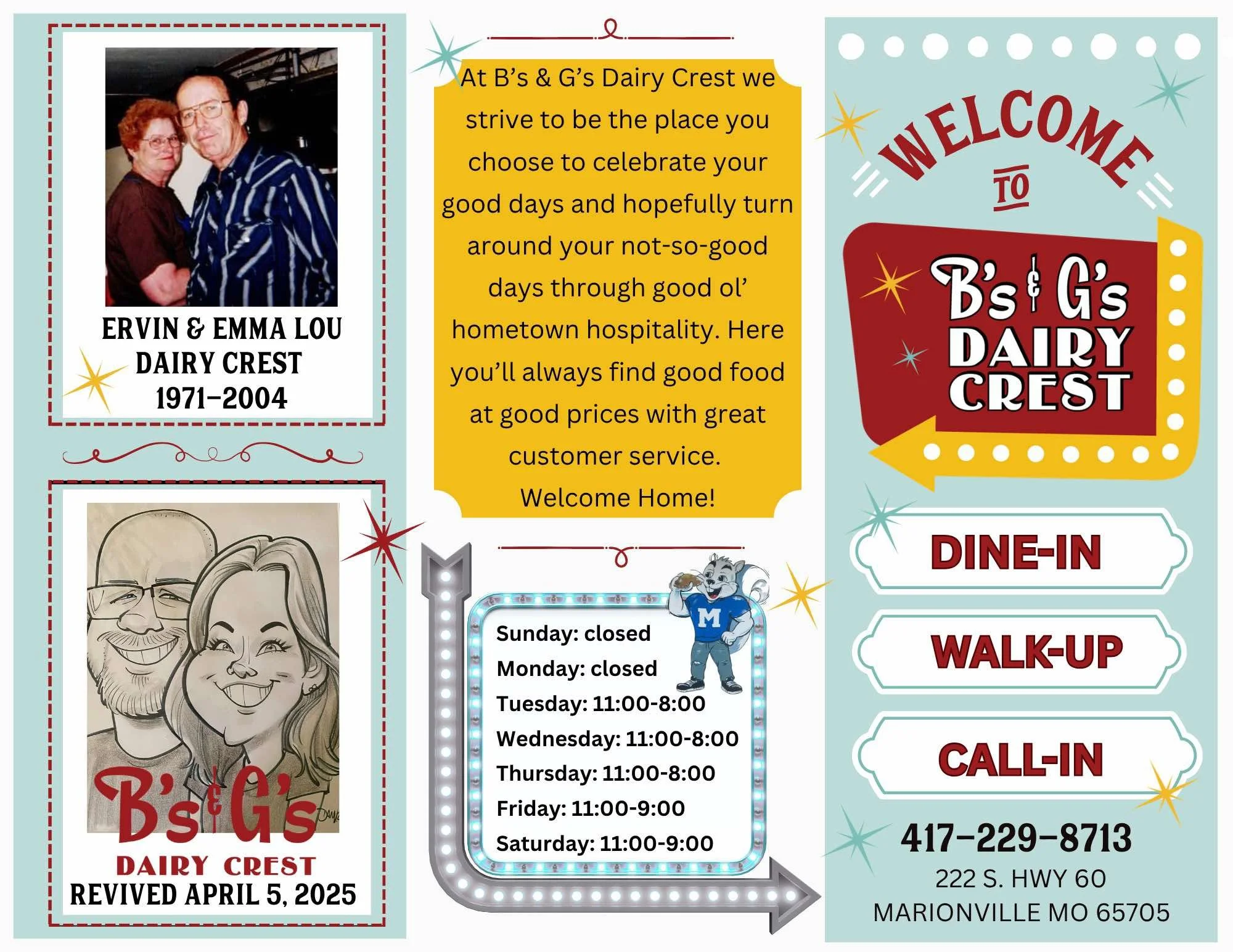 A colorful flyer for B's & G's Dairy Crest, a restaurant in Marionville, Missouri. It features a photo of Ervin and Emma Lou Dairy Crest with their lifespan dates, a caricature of a smiling couple, and various graphics including stars, a neon sign, a