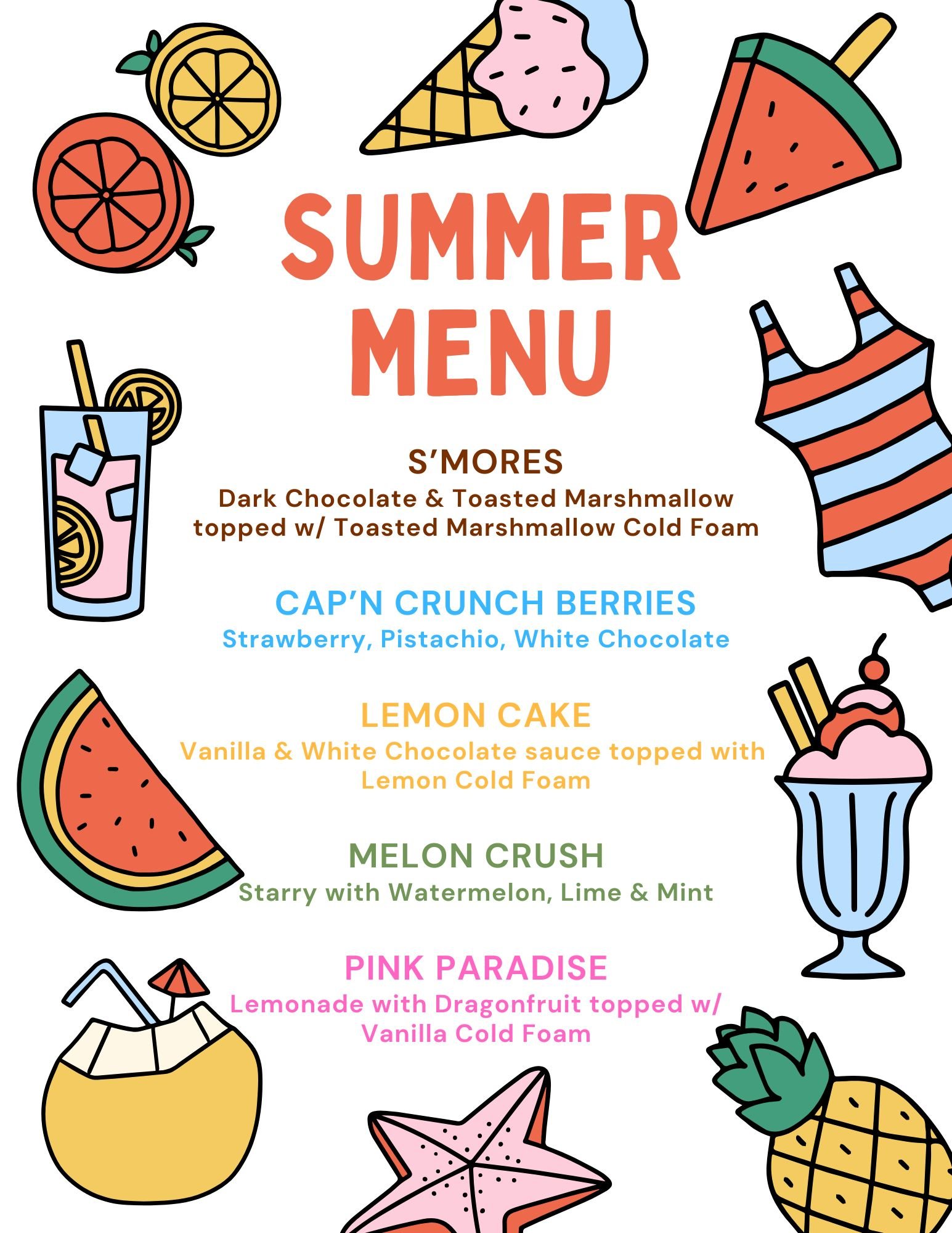 Colorful summer menu with illustrated fruits and desserts, featuring flavors like s'mores, berries, lemon cake, and watermelon.