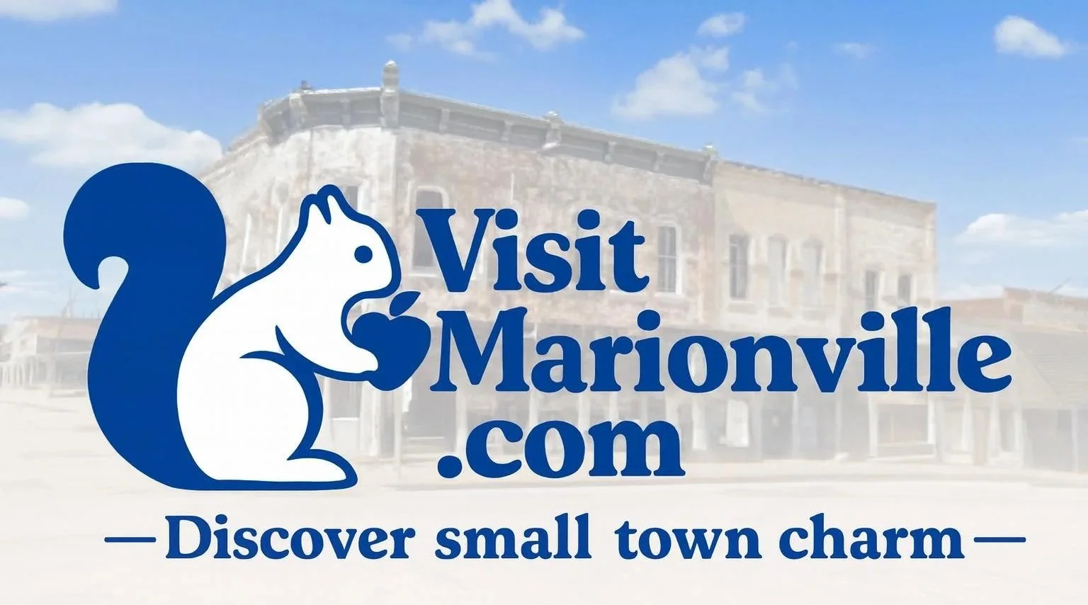 A promotional graphic for VisitMarionville.com featuring a white squirrel holding a blue acorn, with a faded historic building in the background, blue sky, and the slogan "Discover small town charm."