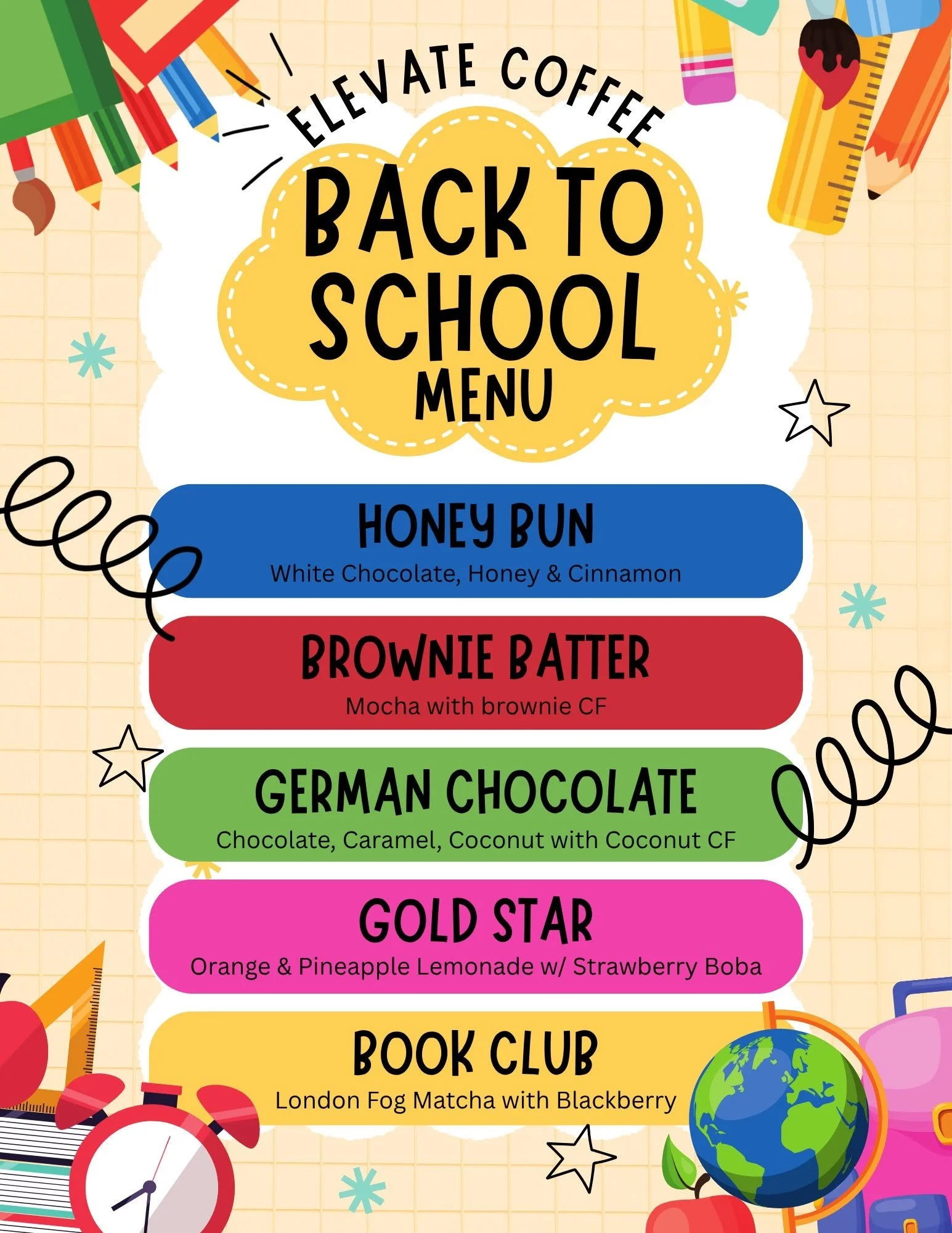 A colorful back-to-school menu with various drink options including honey bun, brownie batter, German chocolate, and gold star, each described with ingredients and flavors.