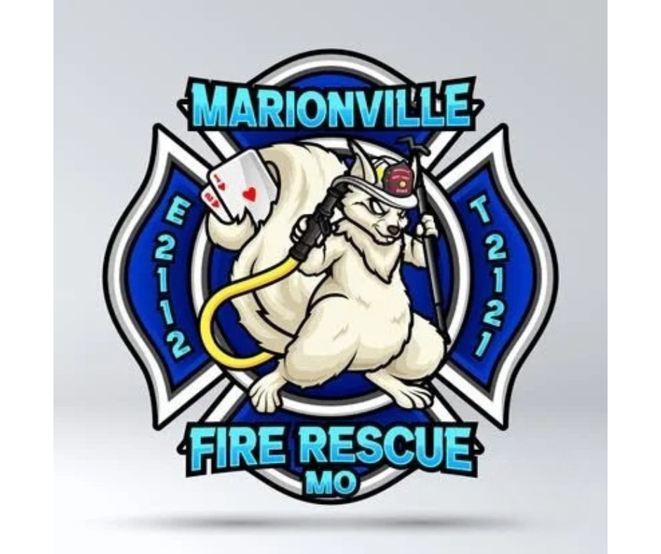 A mascot of a wolf wearing firefighter gear, holding a fire hose, with a badge that reads 'Marionville Fire Rescue' in Missouri, with the years 2011-2021 on the sides.