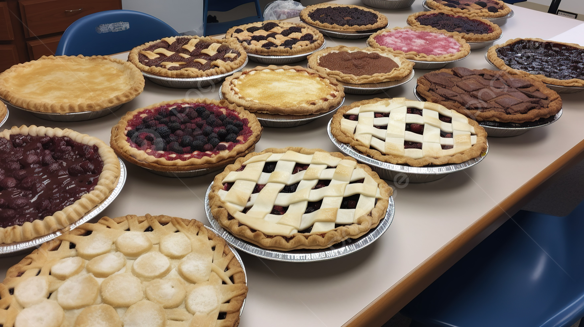 Various homemade pies with fruit fillings and lattice crusts placed on a table in a kitchen or classroom setting.