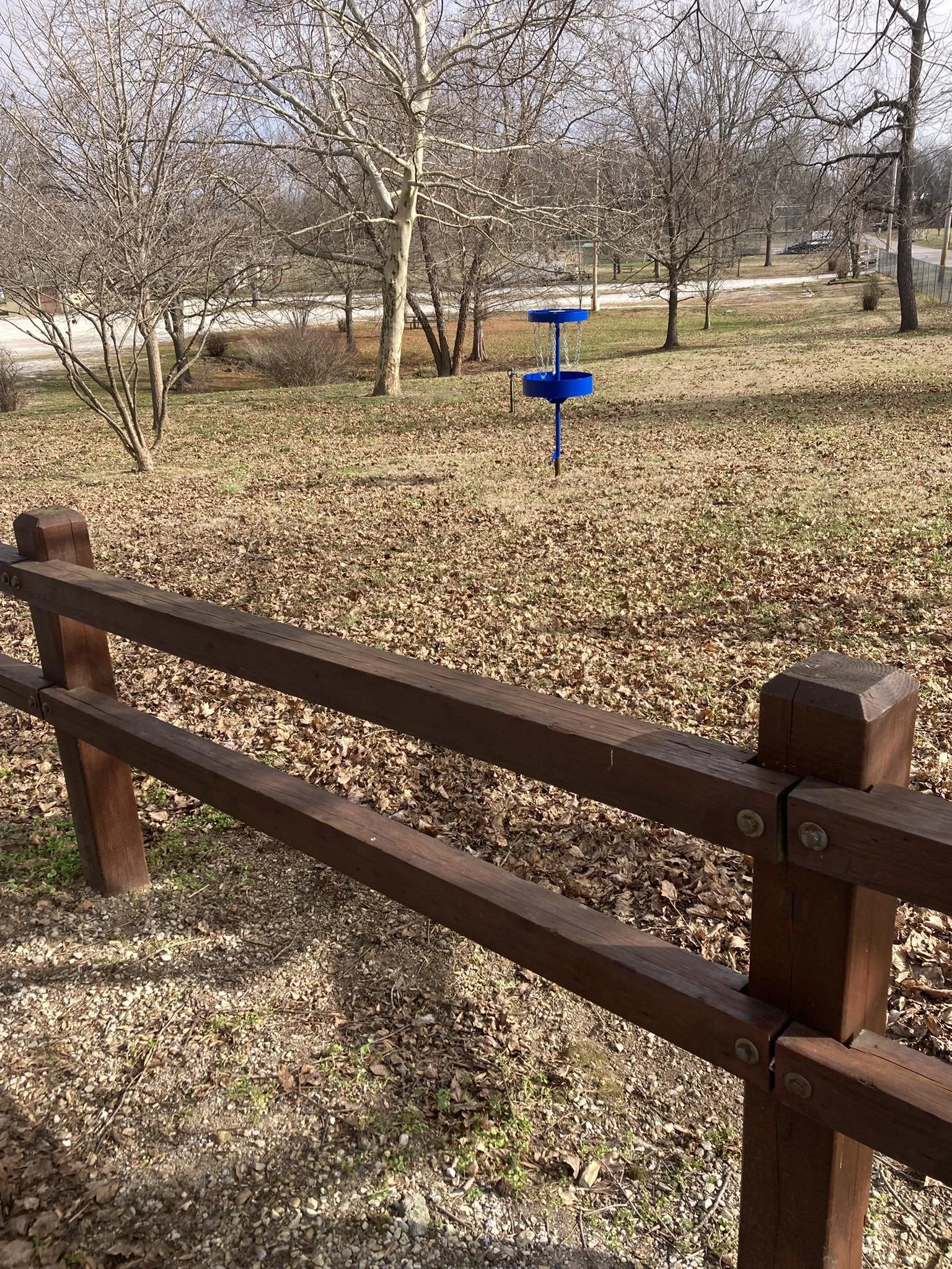 Empty park with bare trees, a blue disc golf basket, and a wooden railing in the foreground.
