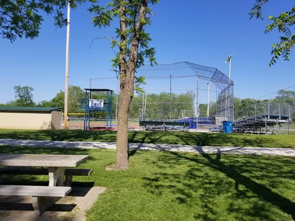 A baseball or softball field with a backstop and seating area, surrounded by grass and trees on a sunny day.