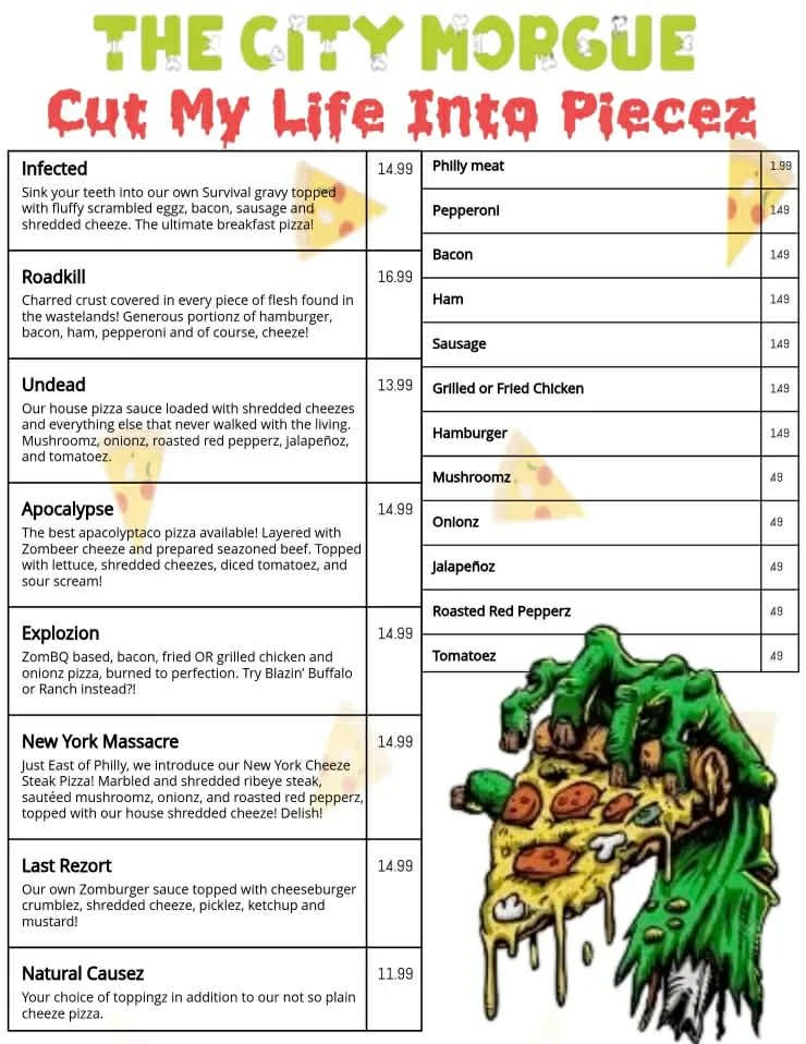 A humorous cartoon menu from the 'City Morgue' pizzeria titled 'Cut My Life Into Pieces' featuring various zombie-themed pizza dishes. The menu lists options such as Infected, Roadkill, Undead, Apocalypse, Explosion, New York Massacre, Last Resort, a