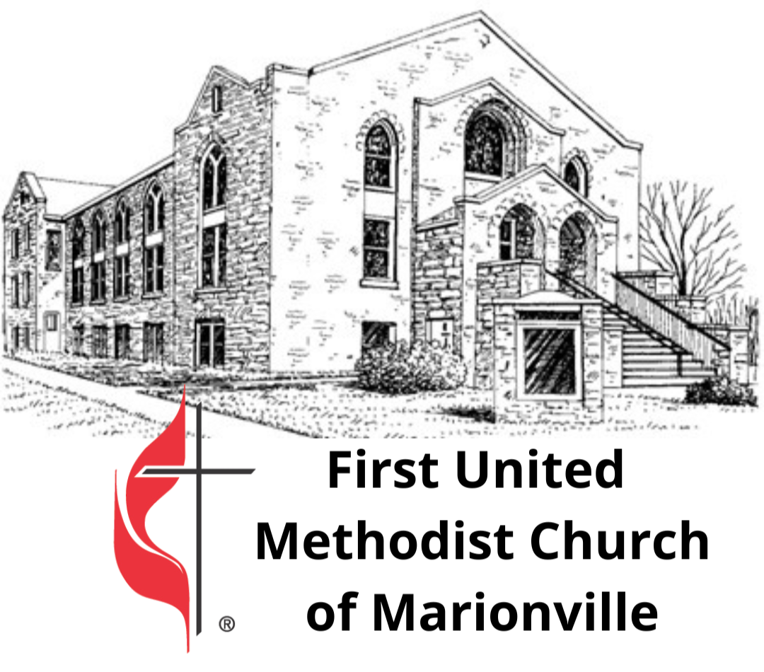 A black and white sketch of a church building with large arched windows and steps leading to the entrance. In the bottom left corner, there is a logo with a stylized flame and cross, and next to it, the text reads "First United Methodist Church of Marionville" in bold black letters.