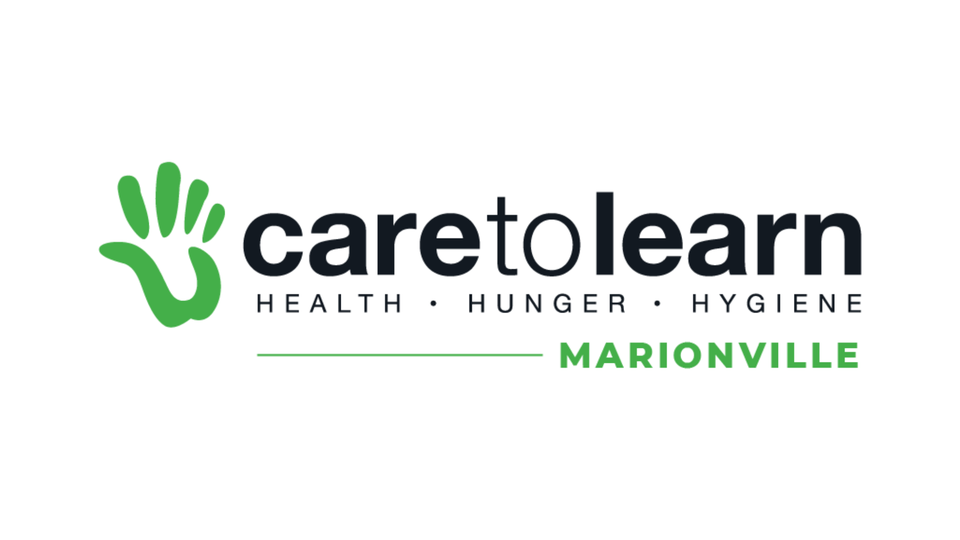 Care to Learn Marionville logo with a green hand icon, black and green text, and the words HEALTH, HUNGER, HYGIENE.