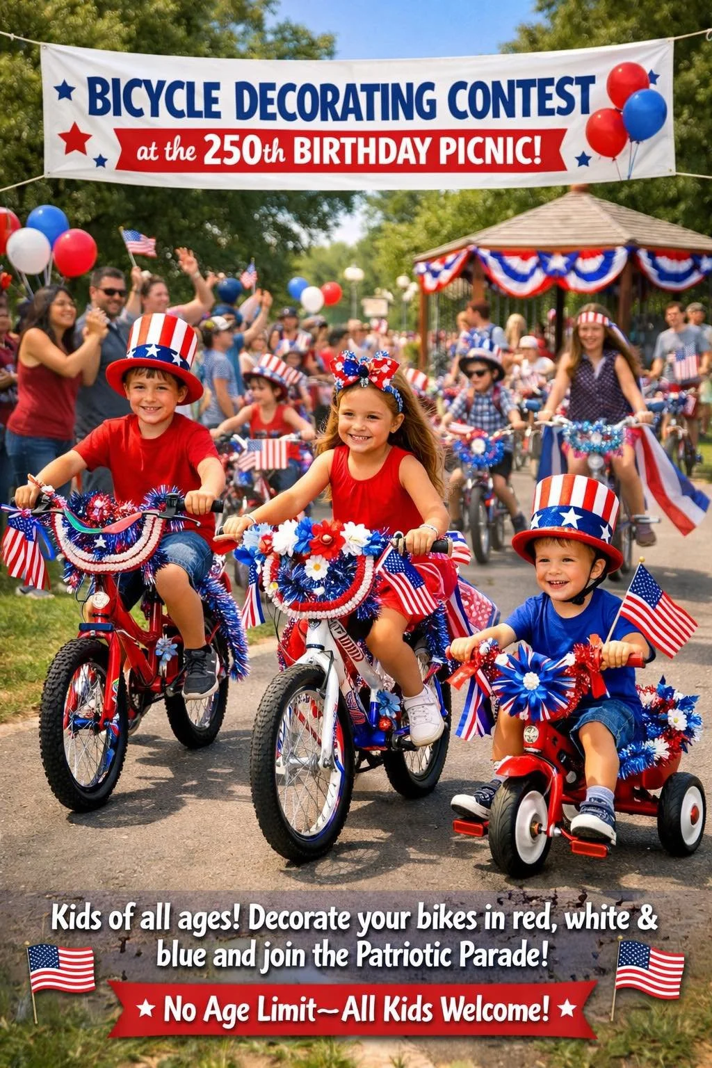 Children riding decorated bikes in a patriotic parade celebration with adults and other children in the background, red, white, and blue decorations, and a banner that reads 'Bicycle Decorating Contest at the 250th Birthday Picnic!'