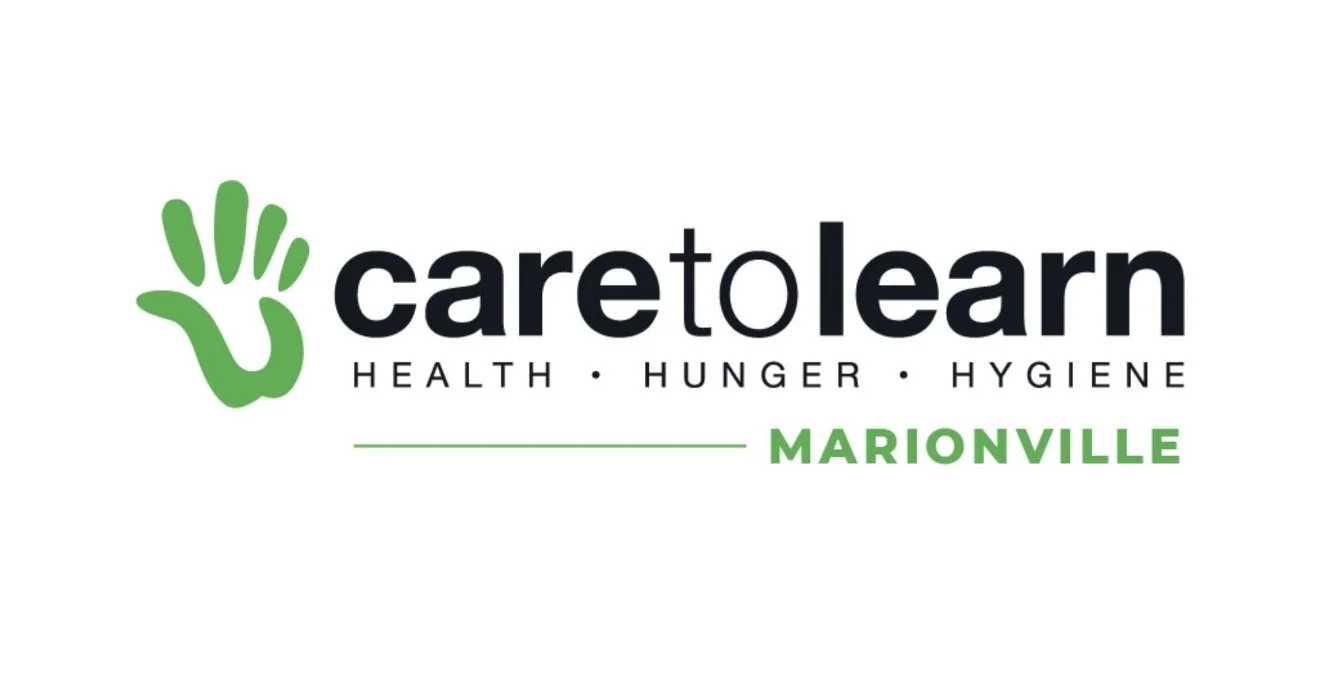 Care to Learn logo with a green hand graphic, the words 'care to learn' and 'MARIONVILLE' in bold green, and the words 'HEALTH', 'HUNGER', 'HYGIENE' under the main text.