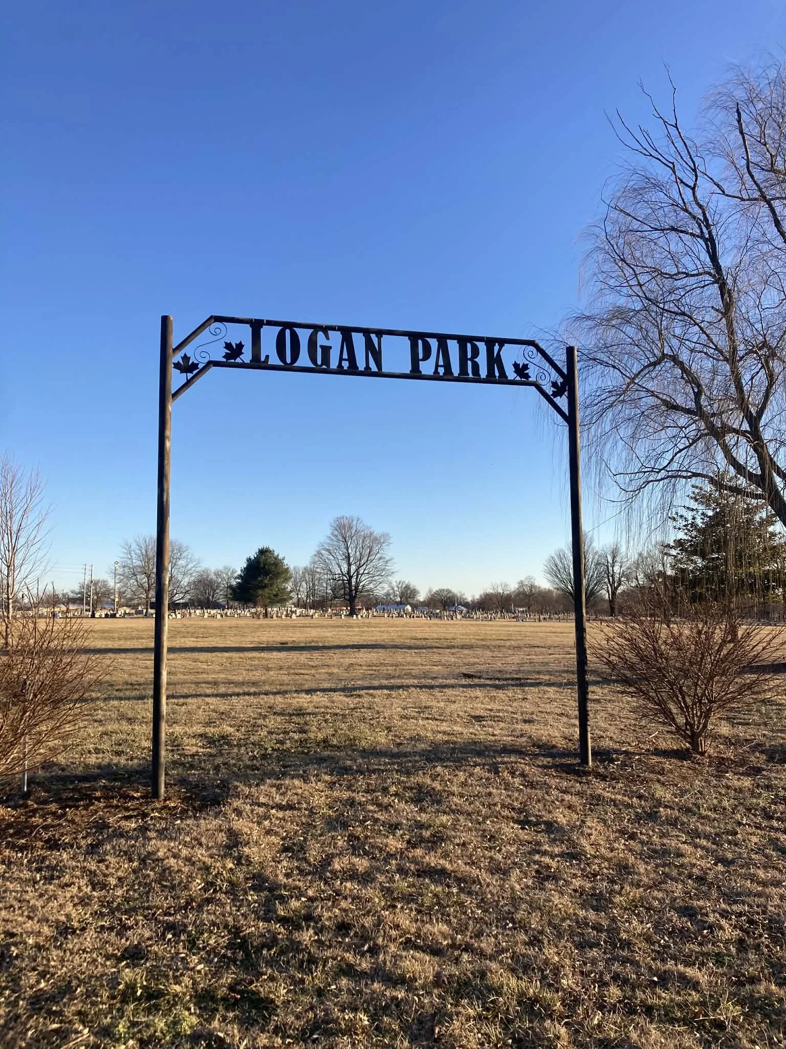 Entrance sign for Logan Park with a clear blue sky, trees, and a large open grassy area.
