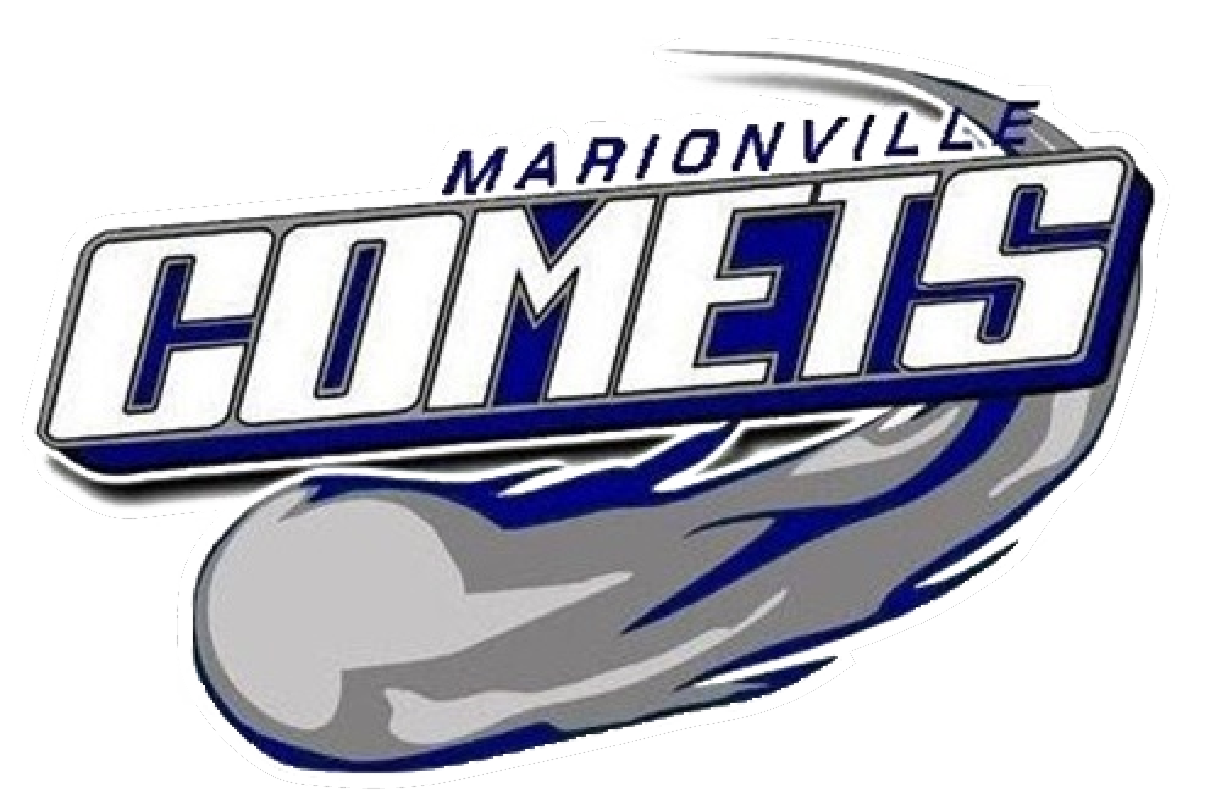Marionville Hume's sports logo featuring a stylized baseball with bold blue and white lettering