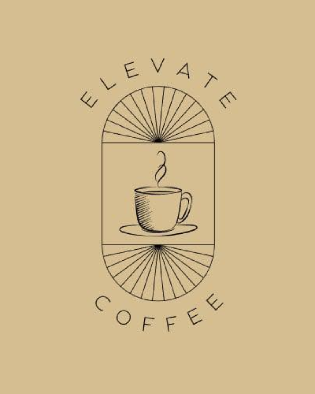 A beige background with a black line drawing of a coffee cup on a saucer inside a decorative oval frame. The words "ELEVATE" above the oval and "COFFEE" below the oval are written in a curved fashion.