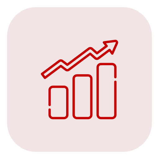 Red line graph with an upward trend over three bar charts on a light pink background.