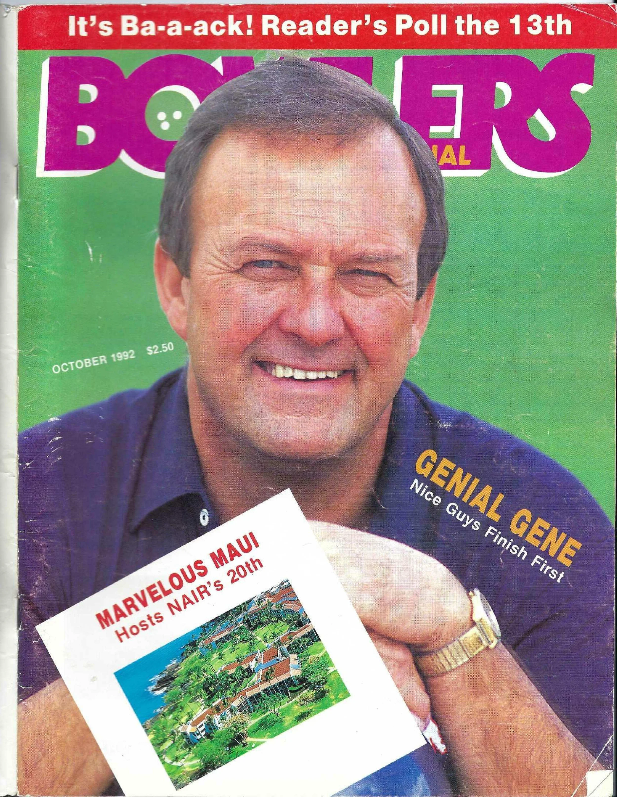 October 1992 magazine cover featuring a smiling man with short dark hair, wearing a dress shirt, and gold watch, holding a card with a colorful tropical resort image and text about hosting Maui.
