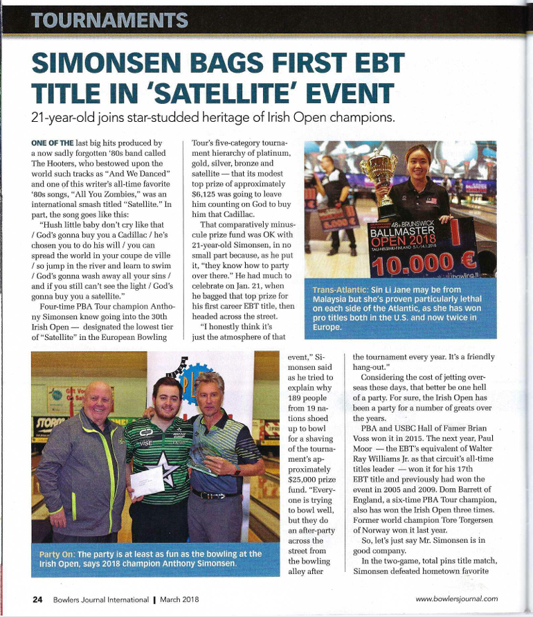 Newspaper article about Anthony Simonson winning his first EBT title at the Irish Open bowling tournament in 2018, with a photo of him holding a trophy and a picture of him with two other bowlers.