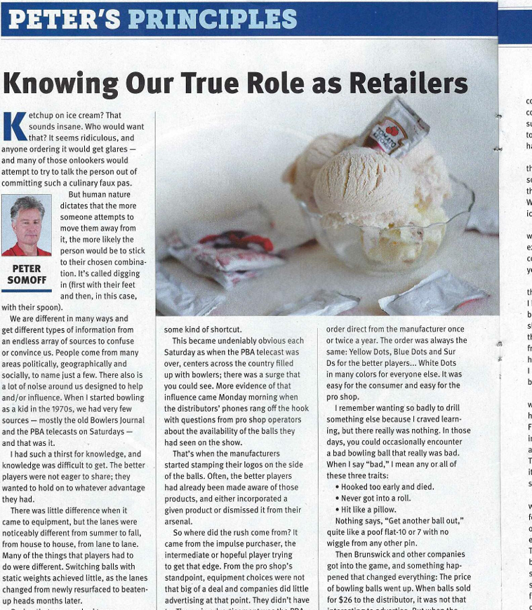 A magazine page featuring a section titled "Peter's Principles" and the subtitle "Knowing Our True Role as Retailers". The page includes a photograph of a bowl of vanilla ice cream with a scoop on top, a packet of sprinkles, and a spoon. The article discusses retail principles and includes a photo of Peter Somoff.