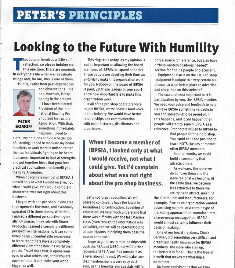 Excerpt from a document titled 'Peter's Principles' with a heading 'Looking to the Future With Humility'. Includes a photo of a man named Peter Somoff, and discusses self-reflection, organizational growth, and community building in the context of IBPSIA (International Bowling Pro Shop Instructors Association).