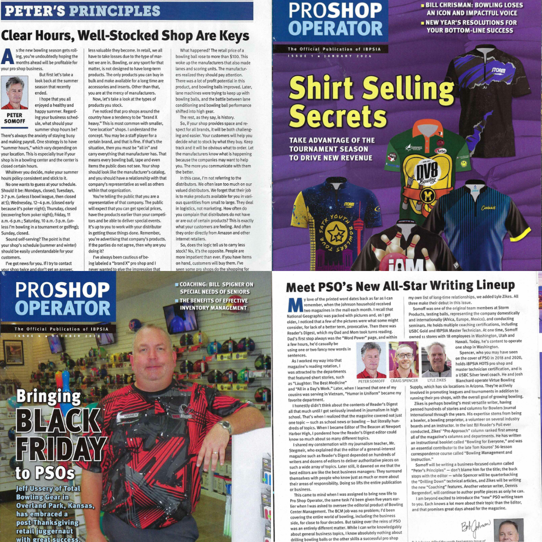 Four pages of a magazine. The top left page has a column titled "Peter's Principles" with a photo of Peter Somoff. The text discusses shop hours and bowling. The top right page features section titled "Shirt Selling Secrets" with colorful illustrated shirts, including sports and cartoon designs, and tips for driving new revenue. The bottom left page shows Jeff Yseroy in a retail store with shelves of products, with a headline "Bringing Black Friday to POSs." The bottom right page introduces new all-star writers for a publication, with headshots of four men and biographies about their experience.