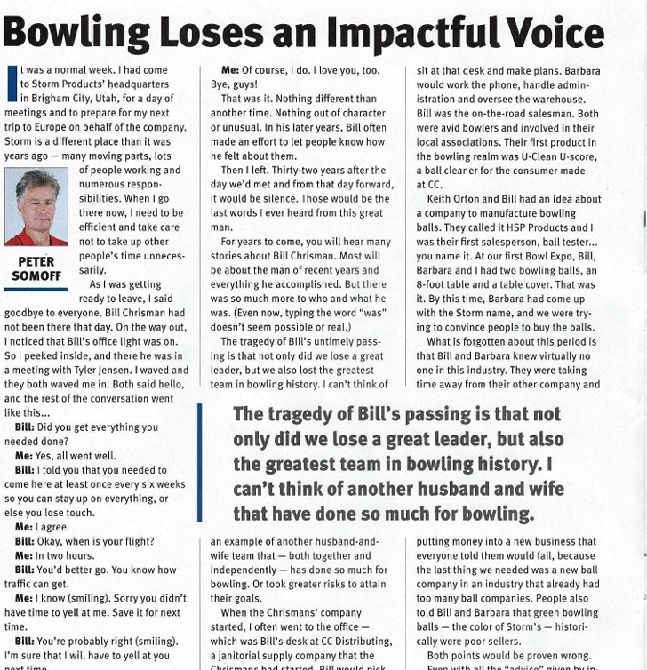 Newspaper article titled "Bowling Loses an Impactful Voice" with a column discussing the passing of a prominent figure in bowling, mentioning Bill Chrisman and the impact on the bowling community.