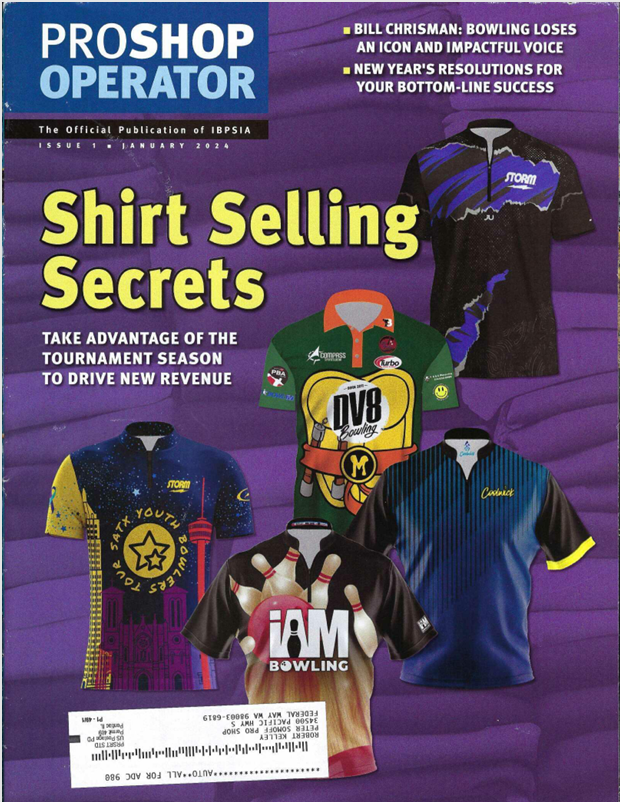 Cover page of ProShop Operator magazine, issue January 2024, featuring a purple background with images of various sports shirts promoting shirt selling secrets for tournament season revenue. The magazine highlights articles on Bill Chrisman and New Year's resolutions, with large bold text 'Shirt Selling Secrets' and additional smaller headlines.
