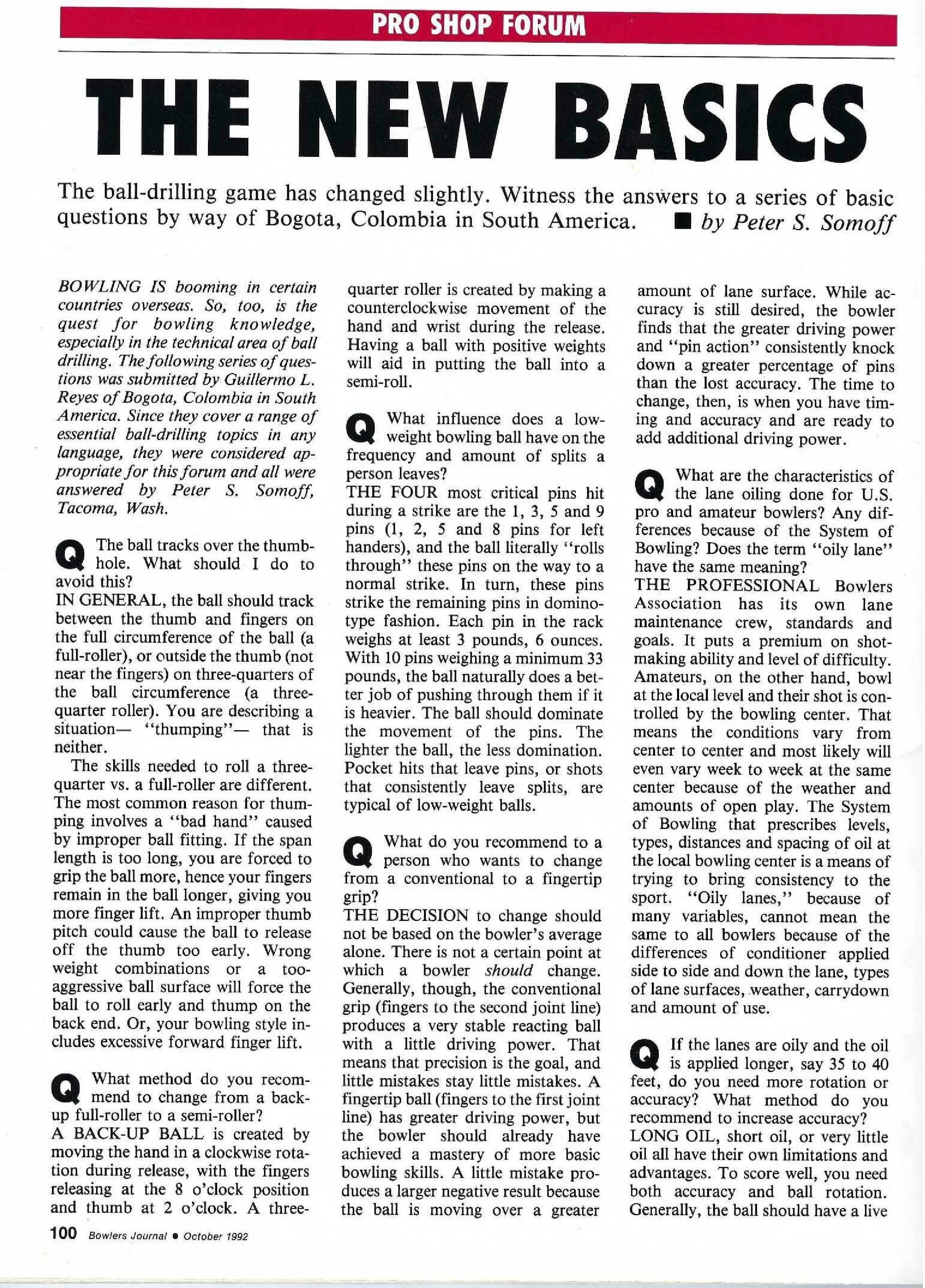 An article from Bowler's Journal, October 1992 issue, discussing basic techniques and tips for bowling, including topics like ball drilling, grip, and lane conditions.