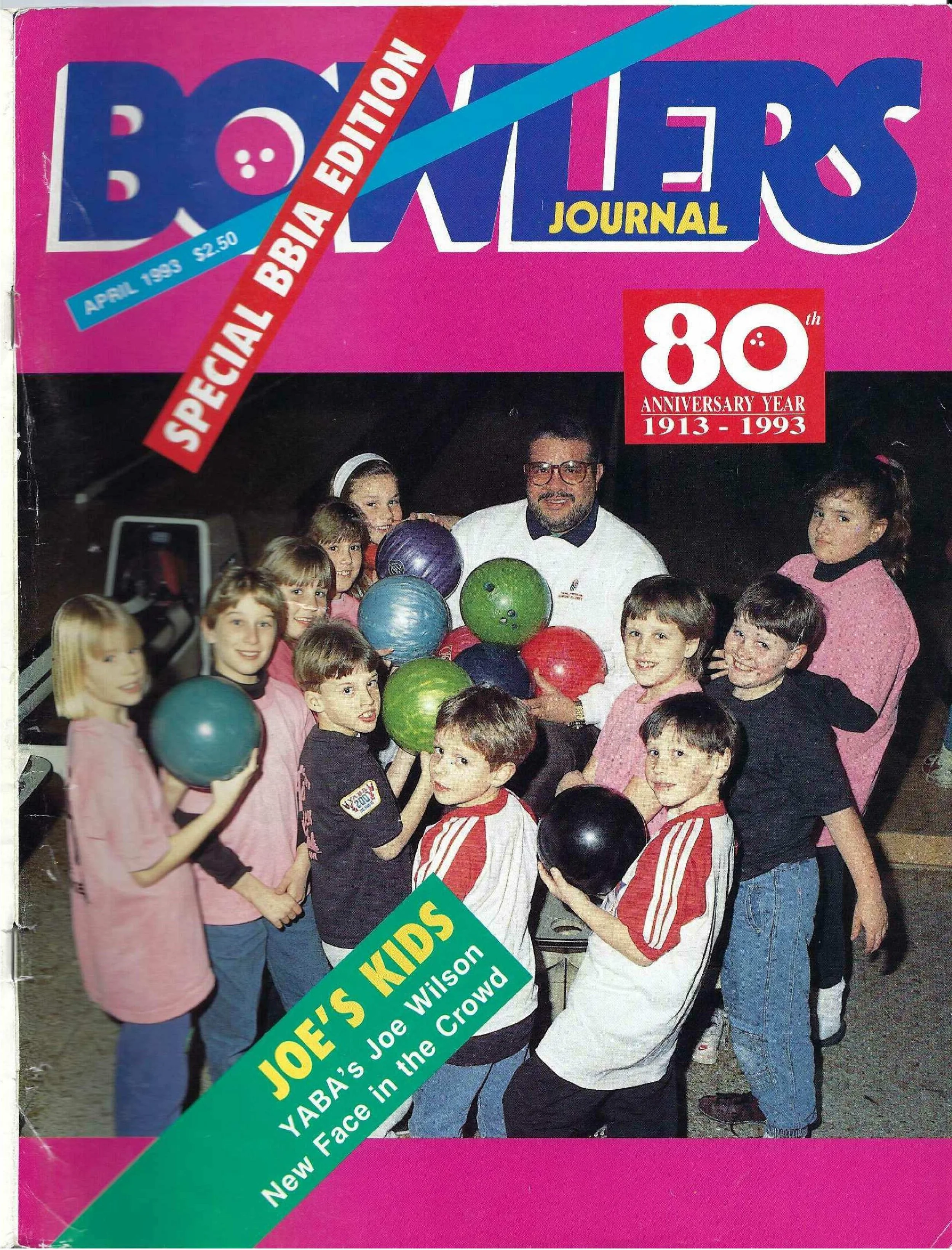 Cover of Boystown Journal from April 1993 celebrating its 80th anniversary, featuring a group of children with a man, all holding bowling balls, at a bowling alley.