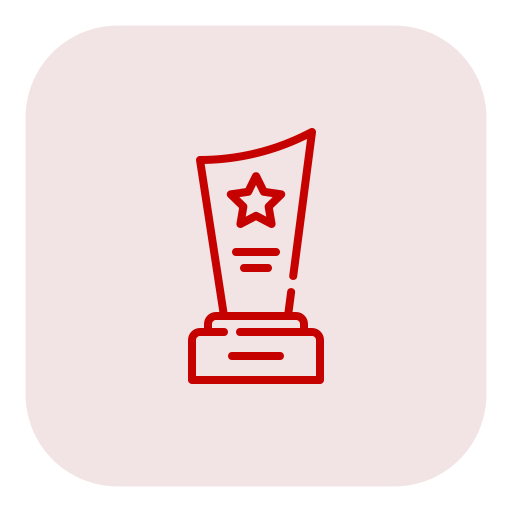 Simple red line drawing of a trophy with a star on it, on a light pink background.