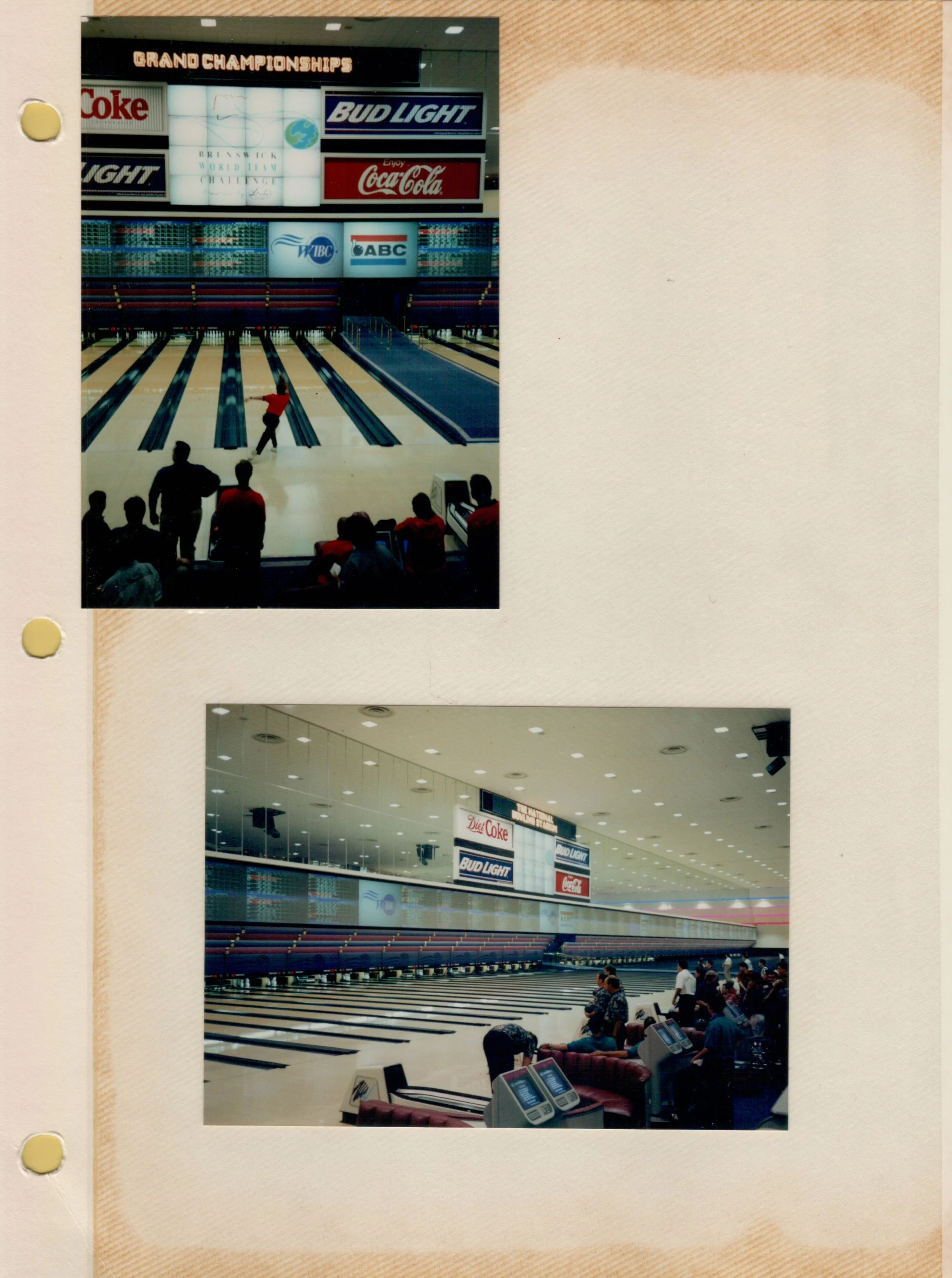 Two photos of a bowling alley, with lanes, bowling balls, and people playing and waiting. The first photo shows a person about to bowl, and the second shows groups of people sitting and standing near the lanes.