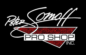 Graphic logo for Peter Somoff Pro Shop Inc., featuring a red triangular element and stylized white text on a black background.