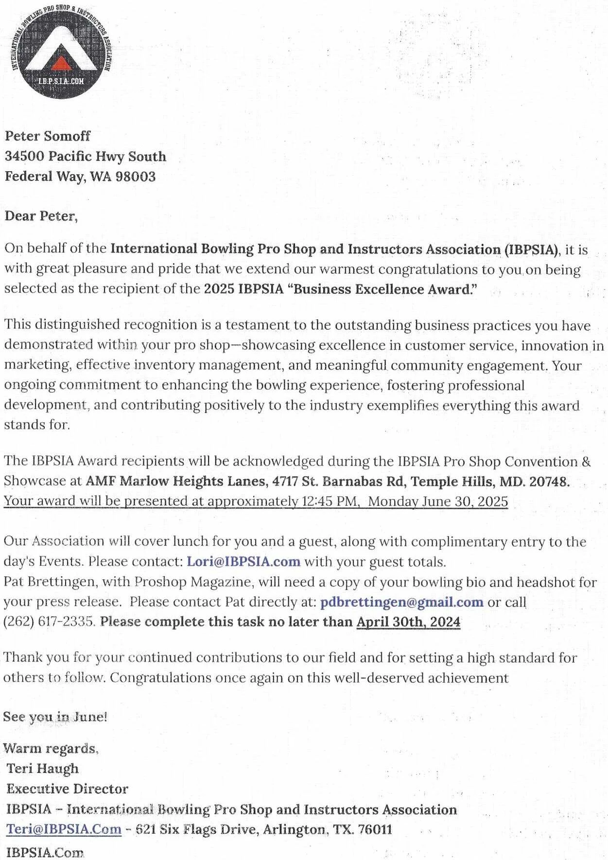 IBPSIA award letter 2025