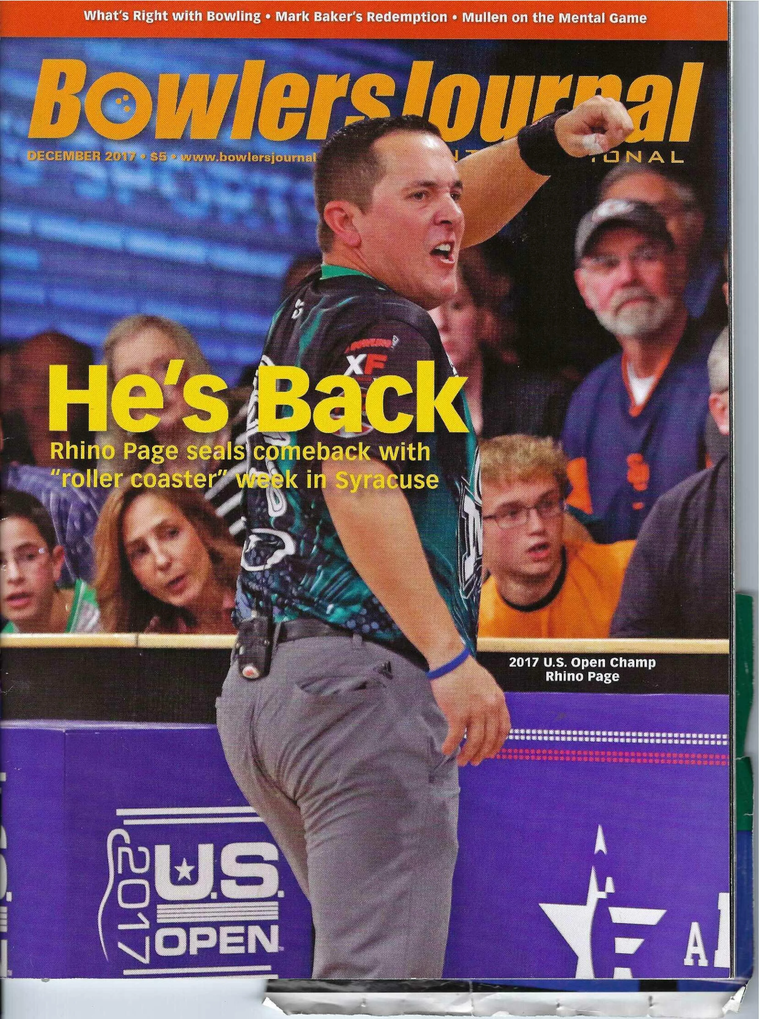 Cover of Bowler's Journal magazine, December 2017 issue, featuring a male bowler in a black and teal shirt holding his arm up triumphantly, with a crowd of spectators in the background.