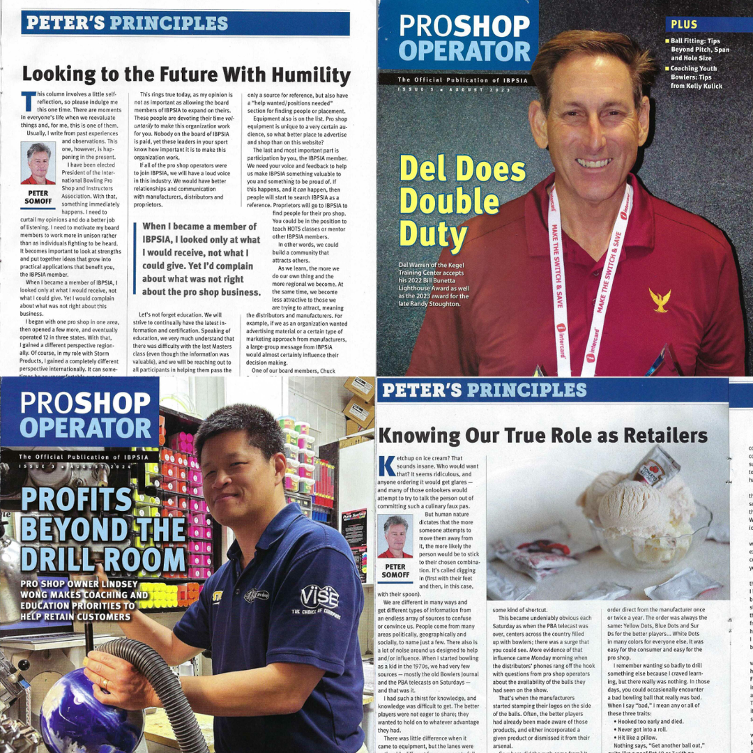 Four pages of a magazine or newsletter. The top right cover features a smiling man in a red shirt with a lanyard. The left pages contain articles about the shop and retail principles, with photos of a man in a blue shirt and ice cream.