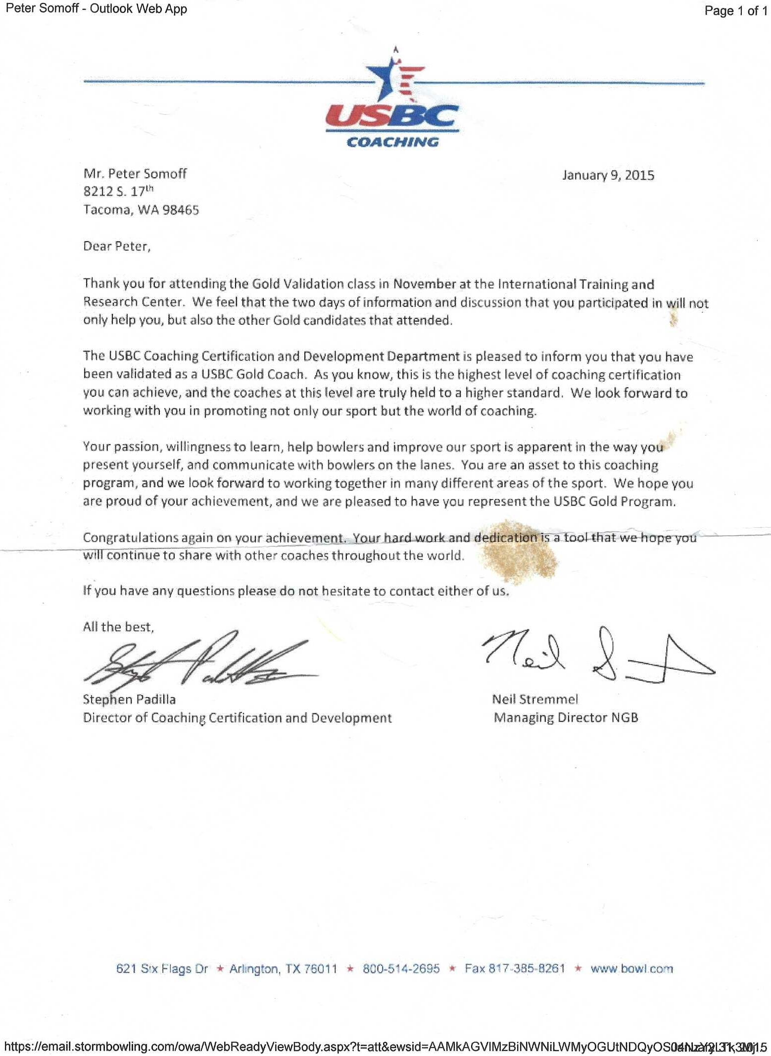 USBC Gold Validation letter