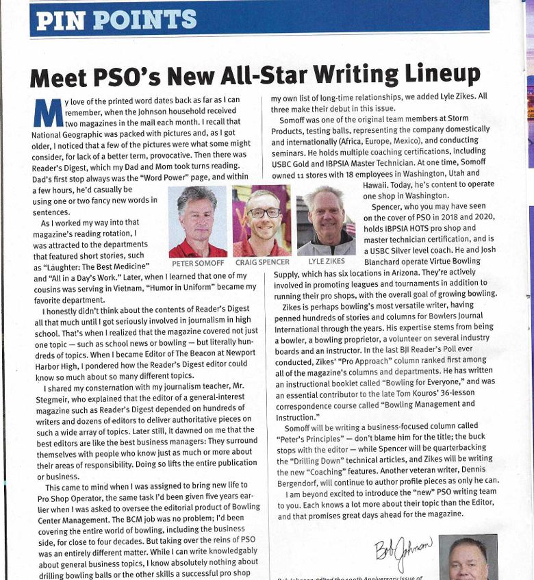 A newspaper article titled 'Meet PSO's New All-Star Writing Lineup' featuring photos and profiles of three men: Peter Somoff, Craig Spencer, and Lyle Zikes.