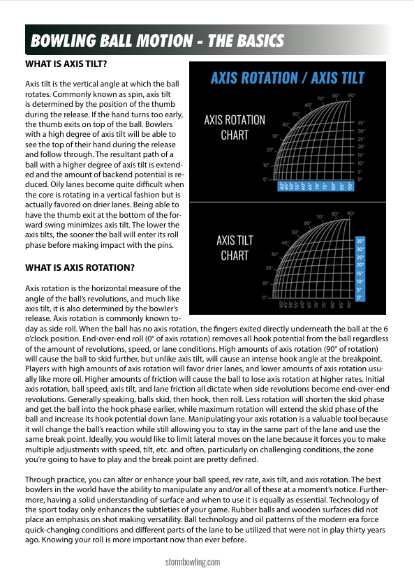 Page from a bowling instruction guide titled 'Bowling Ball Motion - The Basics'. It explains axis tilt and axis rotation, featuring two charts: one for axis rotation angles and another for axis tilt angles, with descriptions about how these aspects affect bowling ball behavior.